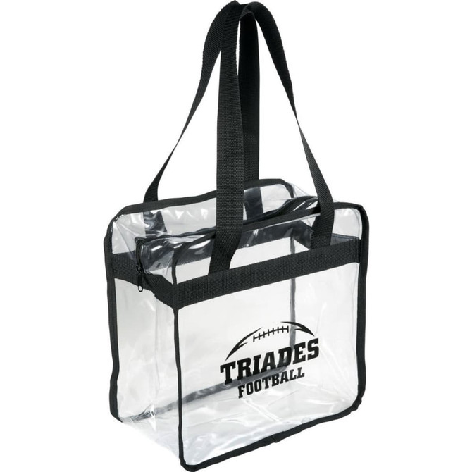 A clear zippered tote bag with black straps and a football logo, suitable for various events and activities.