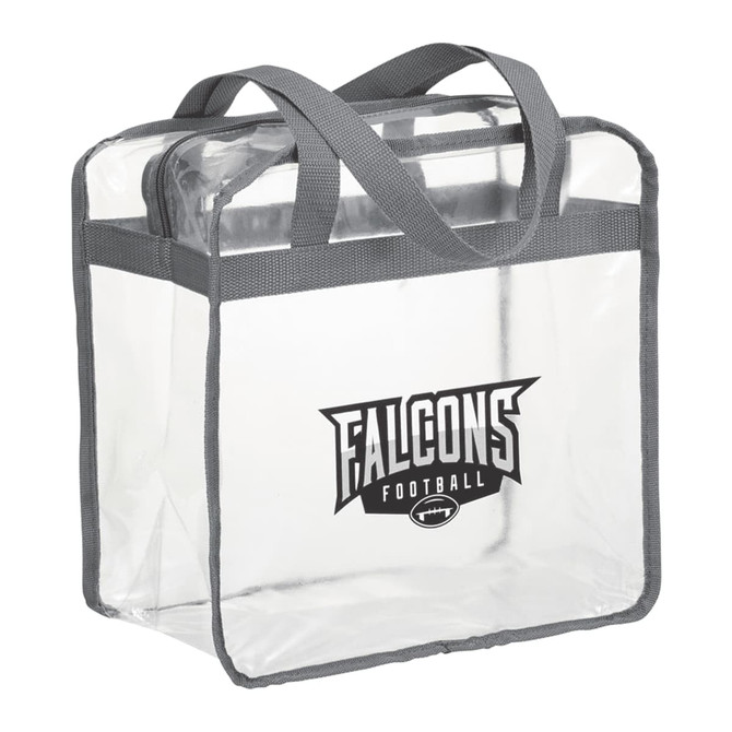 A clear zippered tote bag with grey handles, featuring a logo on one side. Suitable for safety compliance.