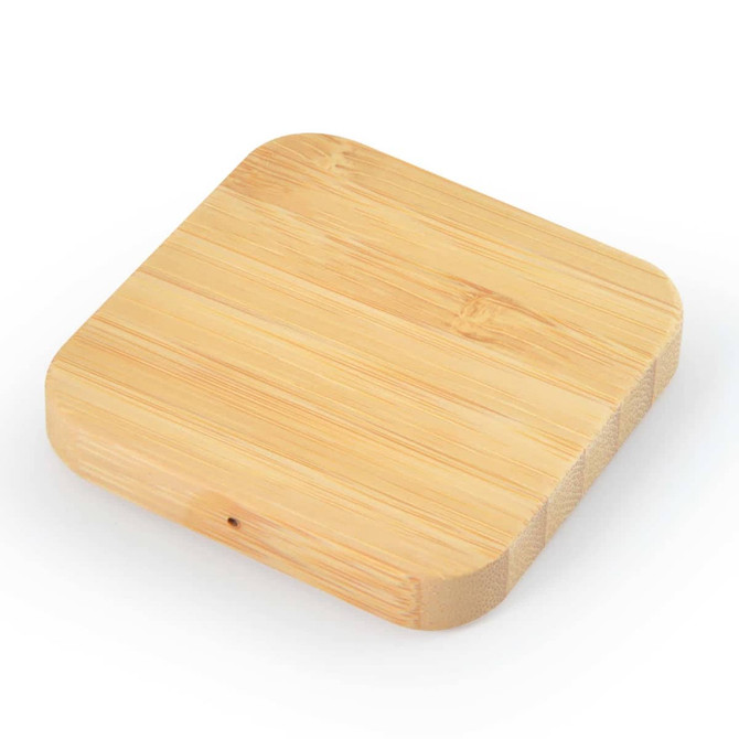 A square bamboo wireless charger in a natural wood finish with a smooth surface.