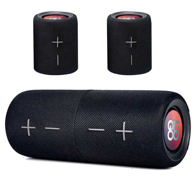 A black Breakaway Bluetooth speaker with volume controls, featuring a discreet logo. Two smaller speakers are also visible.