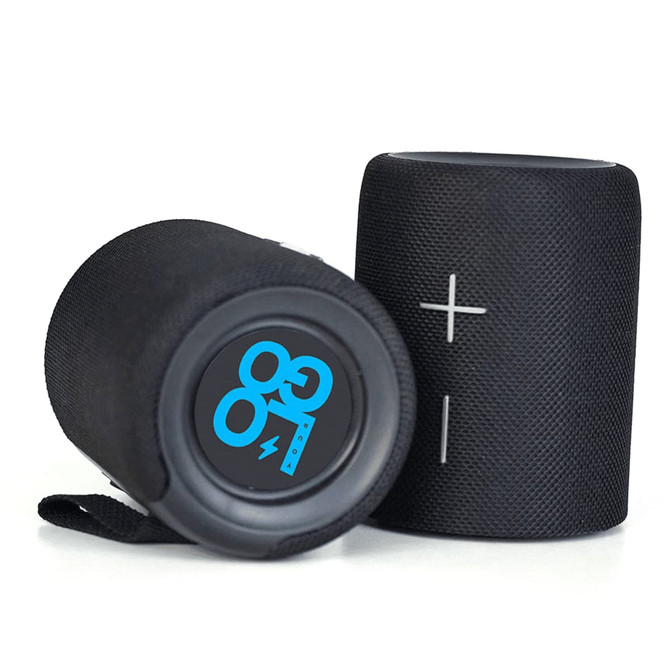 A black Bluetooth speaker with a textured finish and a logo on the base. Features control buttons on the side.