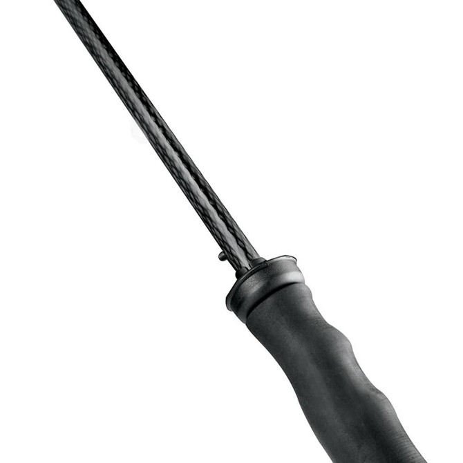 A close-up of a golf umbrella handle with a textured black grip and a sleek shaft. The umbrella has a logo on the handle.