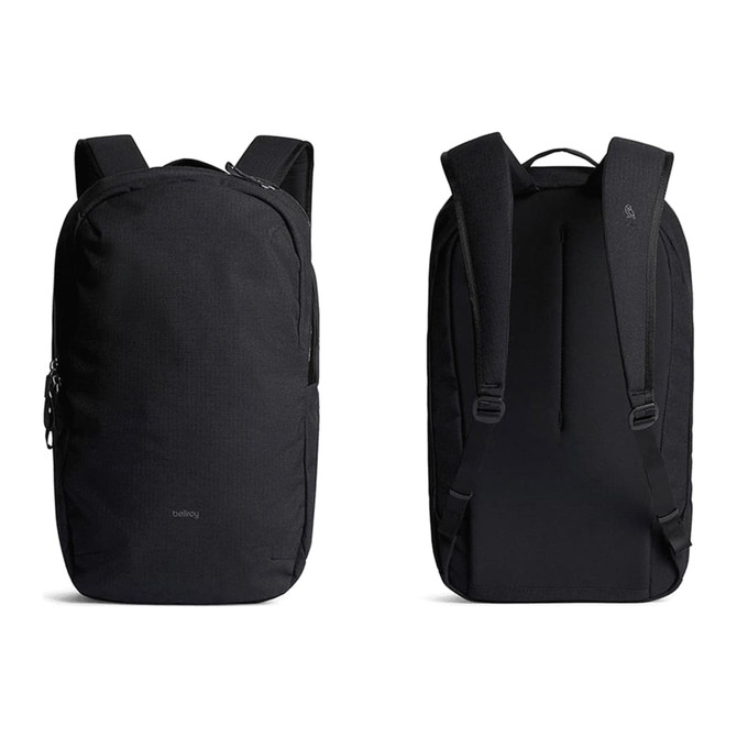 A black backpack with adjustable straps and a sleek design, featuring a logo and multiple zippered compartments.