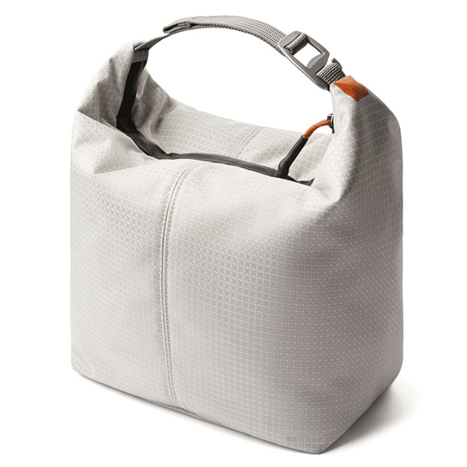 A grey cooler bag with a sturdy handle and a buckle closure, featuring a textured surface and logo branding.