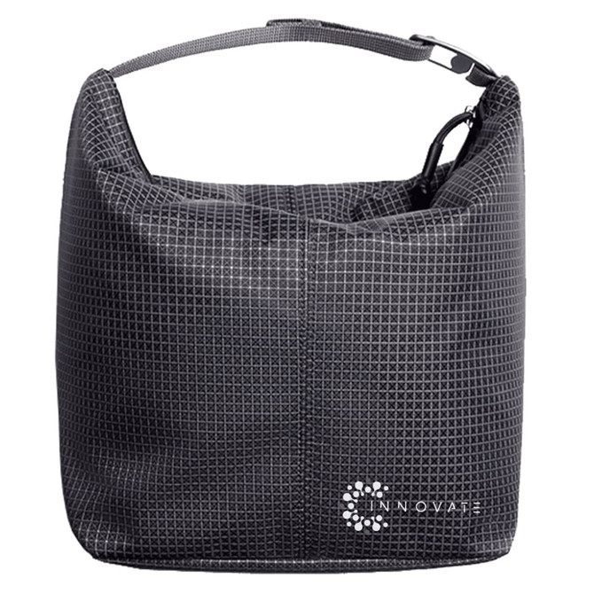 A black cooler bag with a structured shape and a logo, featuring a top handle for easy carrying.