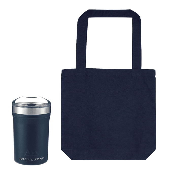 A dark navy tote bag next to a stainless steel drink container with a lid. Both items feature a logo.