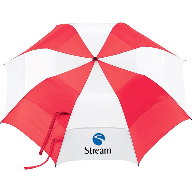 A vented folding umbrella in red and white with a logo on the canopy, designed for leisure and outdoor use.