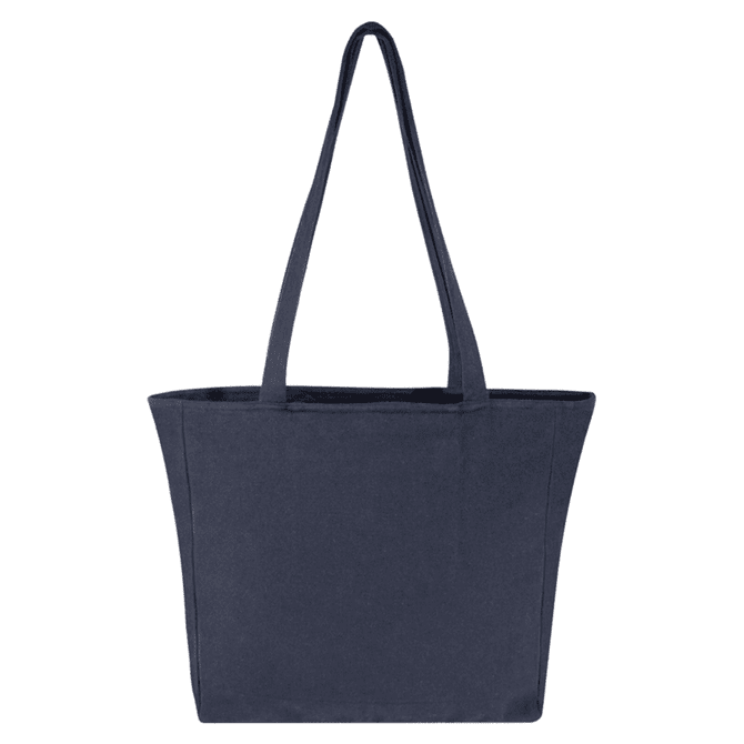 A navy blue recycled zip tote bag with long handles and a simple design. Features a logo on the side.