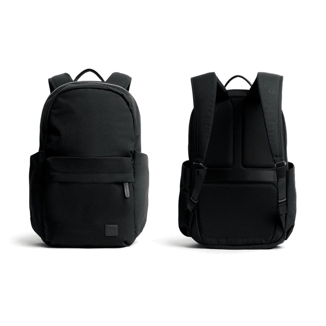 A black backpack with dual compartments and padded straps, featuring a simple design and a logo.