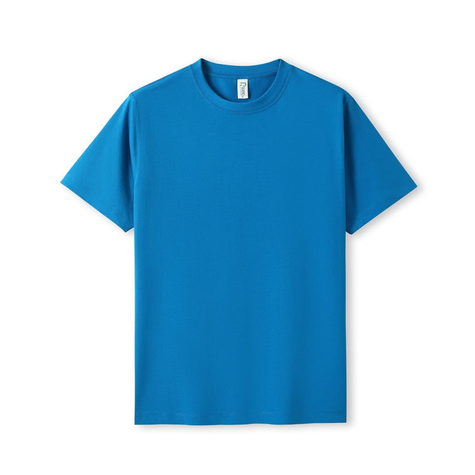 A blue modern fit tee with short sleeves, featuring a logo on the label.