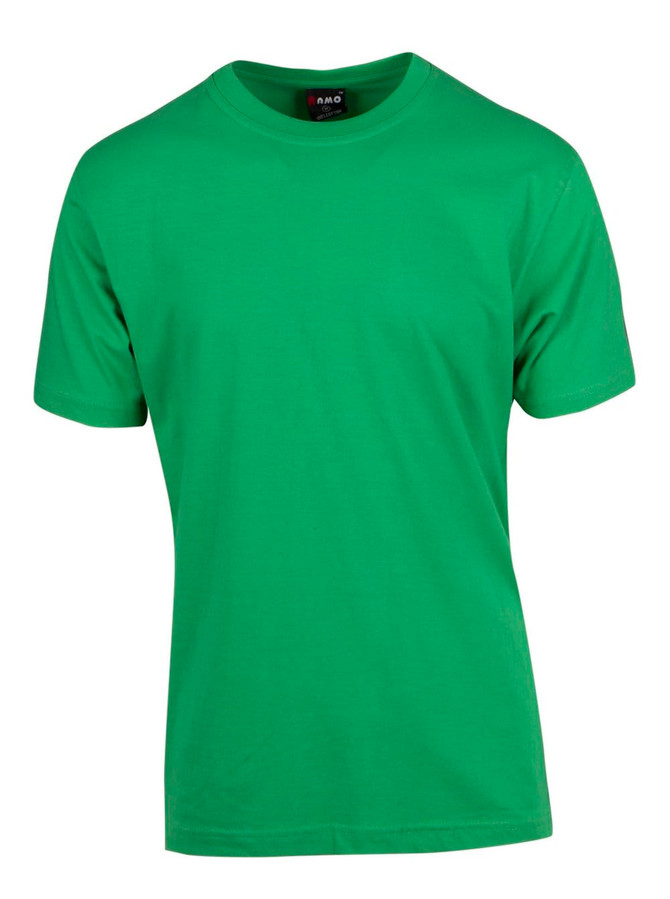 A green modern fit unisex T-shirt with a round neck and short sleeves. It has a label inside.