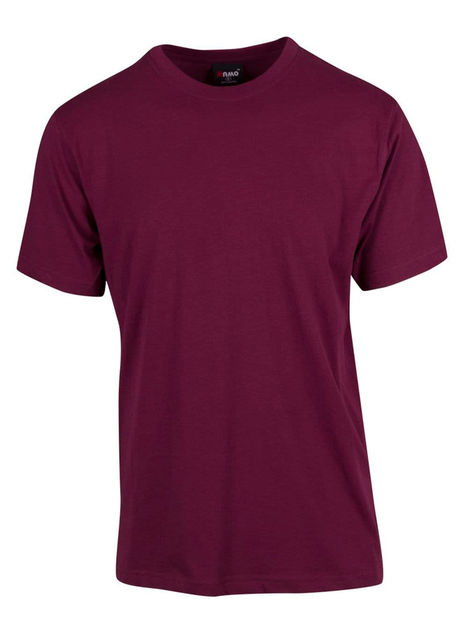 A maroon modern fit tee with a round neck and short sleeves, featuring a logo on the label inside.