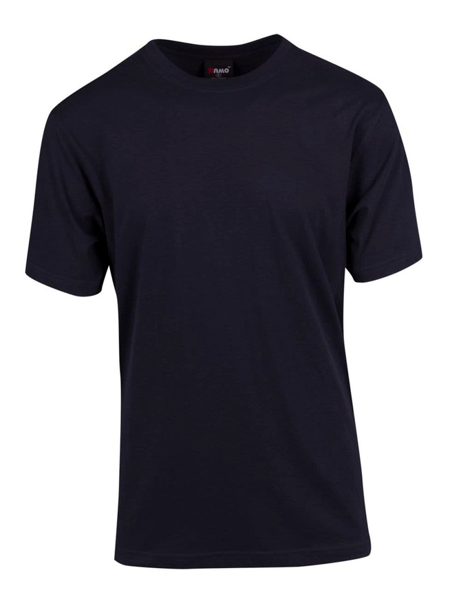 A unisex modern fit tee in navy blue with short sleeves and a round neckline. Features branding inside the collar.