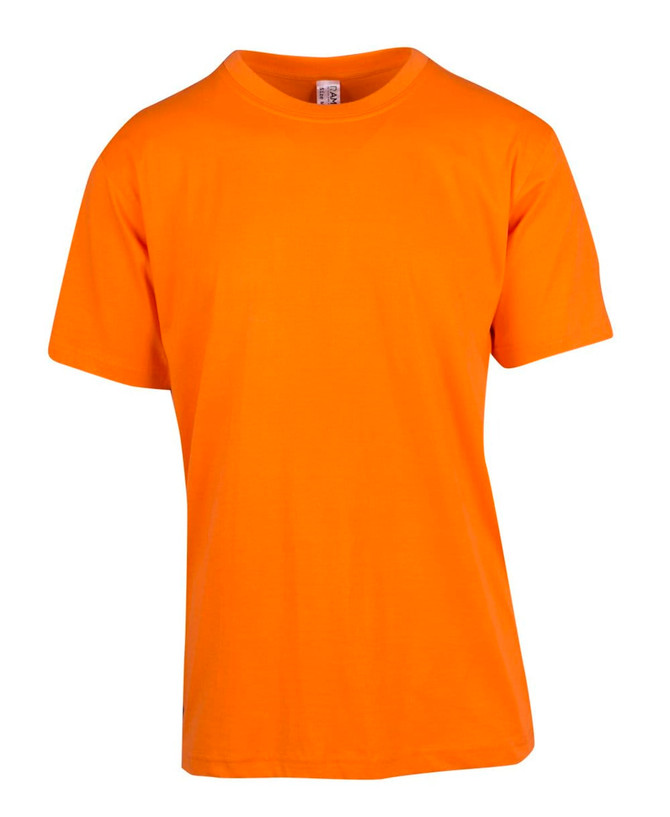 An orange modern fit unisex T-shirt with short sleeves and a plain design. The shirt features a logo on the label.