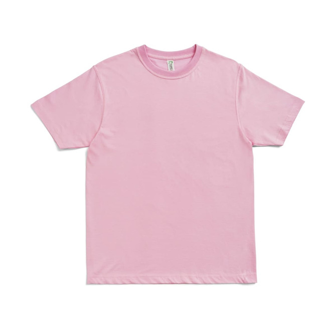A pink unisex modern fit T-shirt with short sleeves and a simple design, featuring a logo.