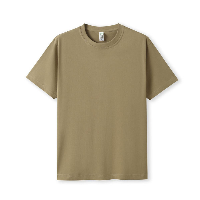 A khaki modern fit t-shirt with short sleeves and a simple, classic design. It features a logo on the label.
