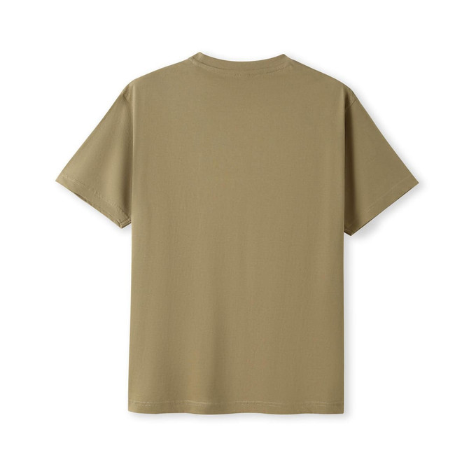 A unisex modern fit tee in a khaki colour, featuring a simple design and a logo.