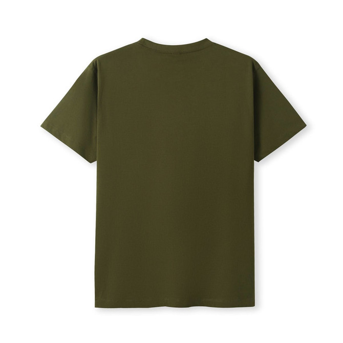 A green modern fit unisex T-shirt displayed from the back, featuring a simple design and no visible branding.