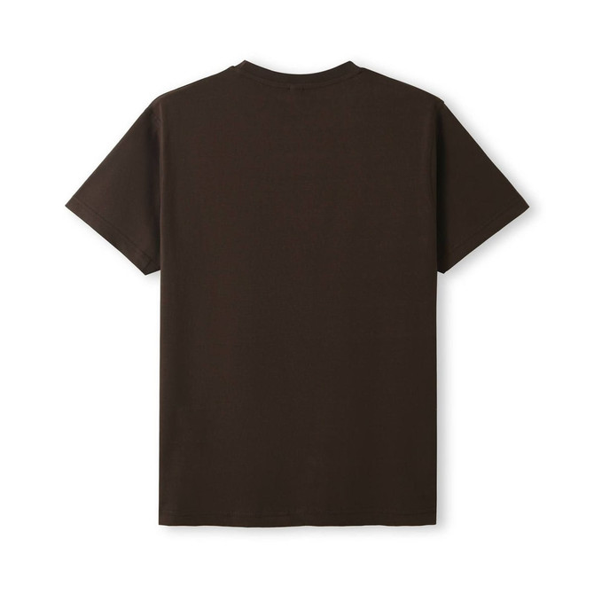 A brown unisex modern fit t-shirt with short sleeves and a plain back. It has a logo on the inside label.