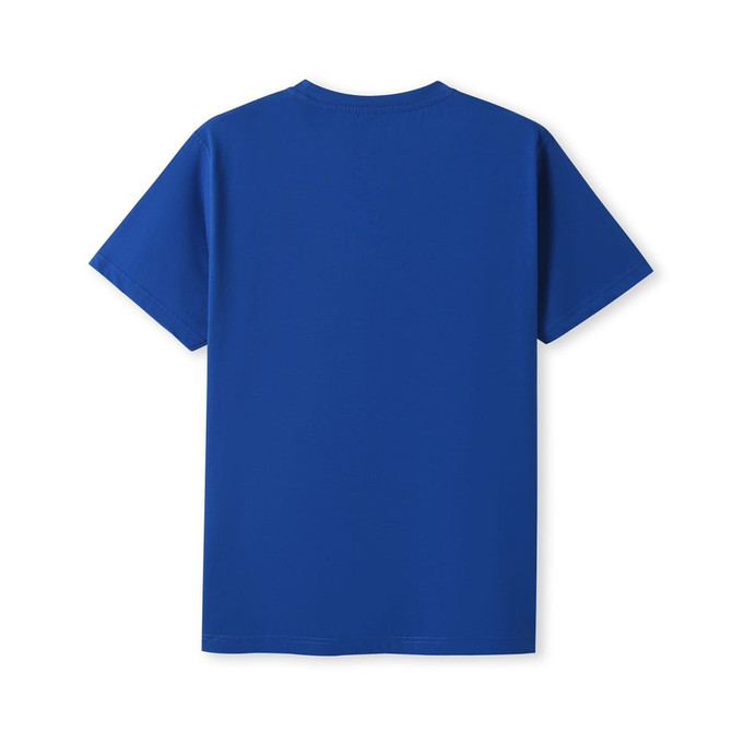 A blue unisex modern fit T-shirt displayed from the back. The shirt has short sleeves and a plain design.