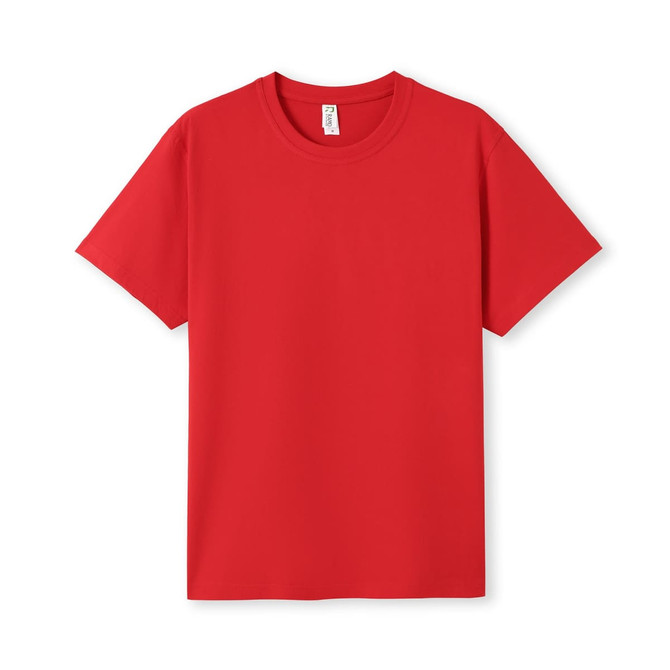 A red unisex modern fit tee with a round neckline and short sleeves. It features a logo on the label.