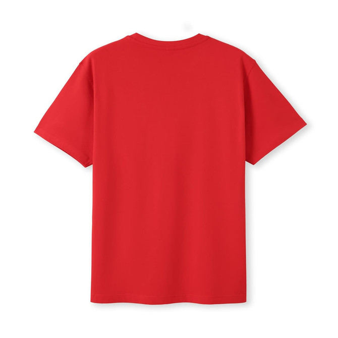 A red modern fit unisex t-shirt with a plain back and short sleeves, featuring a logo.