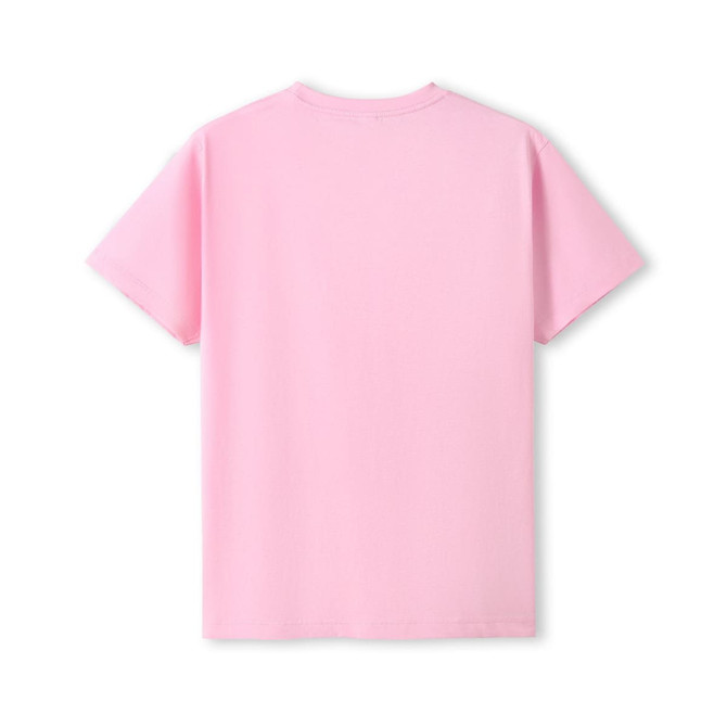 A pink unisex modern fit T-shirt featuring short sleeves and a round neck, with a plain back and a logo.