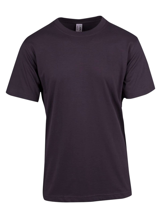 A modern fit unisex T-shirt in dark grey, featuring a simple design and a logo on the label.
