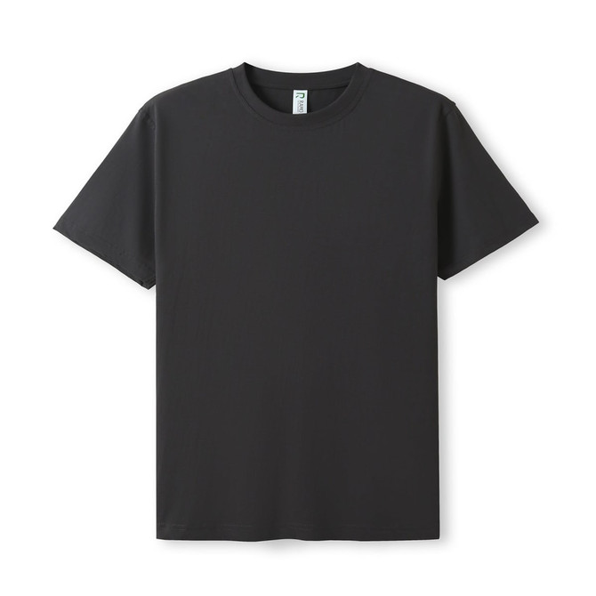 A modern fit unisex T-shirt in dark grey, featuring a simple design and a logo on the label.