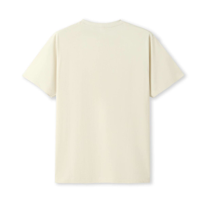 A beige modern fit unisex T-shirt with a simple, unembellished design and no visible branding.