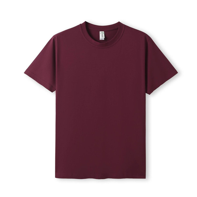 A maroon unisex modern fit tee with a simple design and a crew neck. It features a logo on the label.