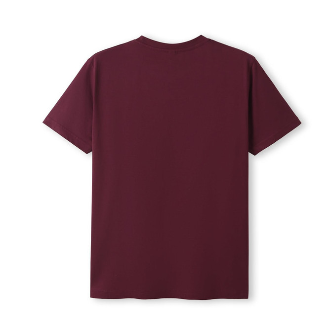 A maroon unisex modern fit T-shirt with a simple design and a logo on the back.
