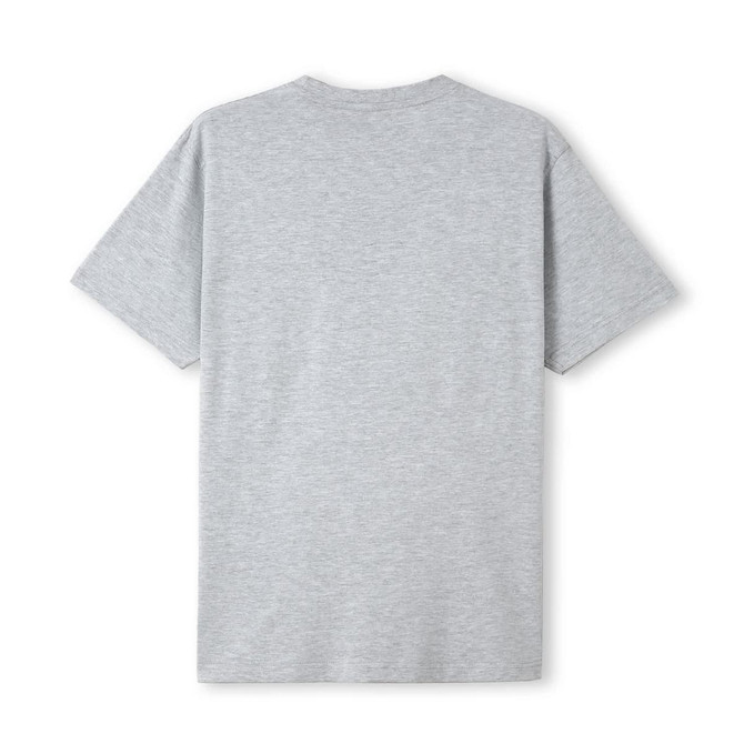 A grey unisex modern fit T-shirt viewed from the back. The shirt has a simple design and features a logo.