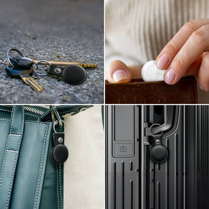 A black tracking tag with a PU case attached to keys, a bag, and luggage, featuring a logo.