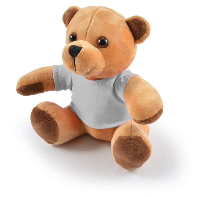 A plush teddy bear with light brown fur and dark brown accents, wearing a plain gray shirt.
