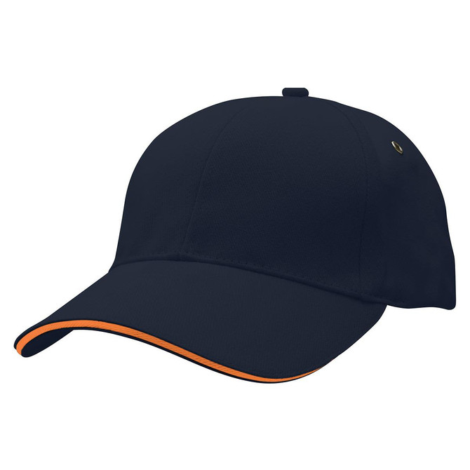 A navy cap featuring an orange trim and a logo on the side.