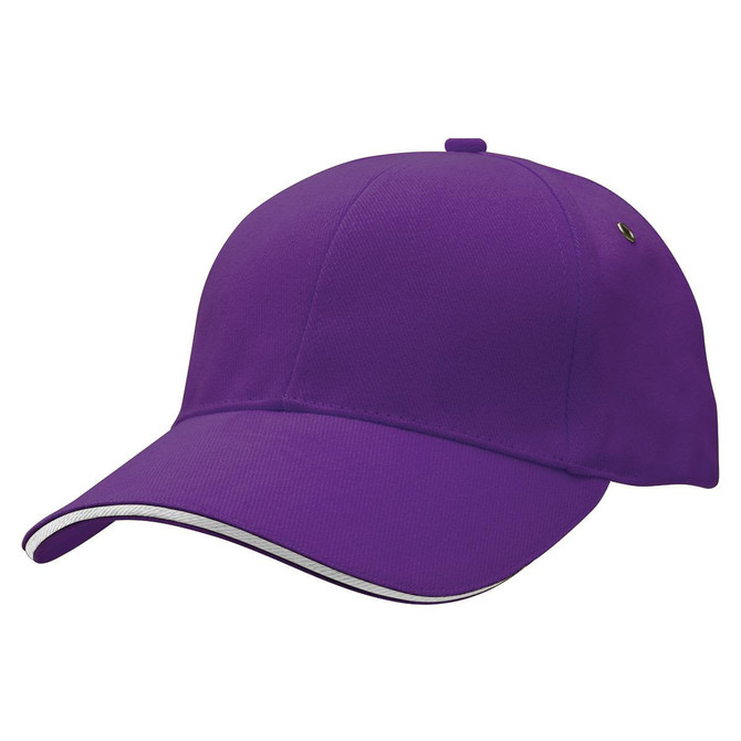 A purple cap with a curved peak and a contrasting trim, featuring a logo on the side.