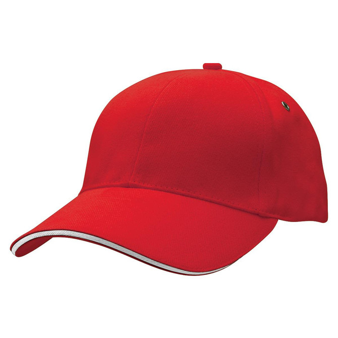 A red cap featuring a curved brim and a contrasting trim, complete with a logo.