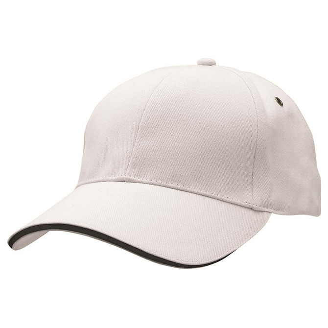 A light-coloured cap featuring a curved brim and a logo, designed for headwear use.