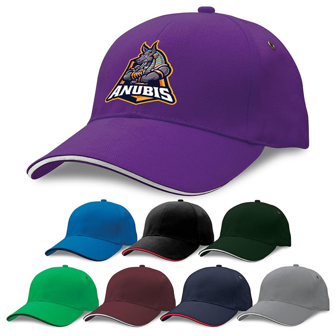 A purple cap featuring a logo, surrounded by caps in black, green, navy, maroon, and grey.