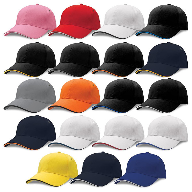 A collection of baseball caps in various colours including pink, black, grey, orange, white, and yellow, featuring logos.