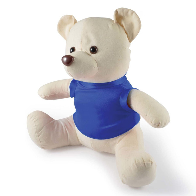 A plush toy bear with a creamy body and a blue shirt, featuring round ears and a cute face.