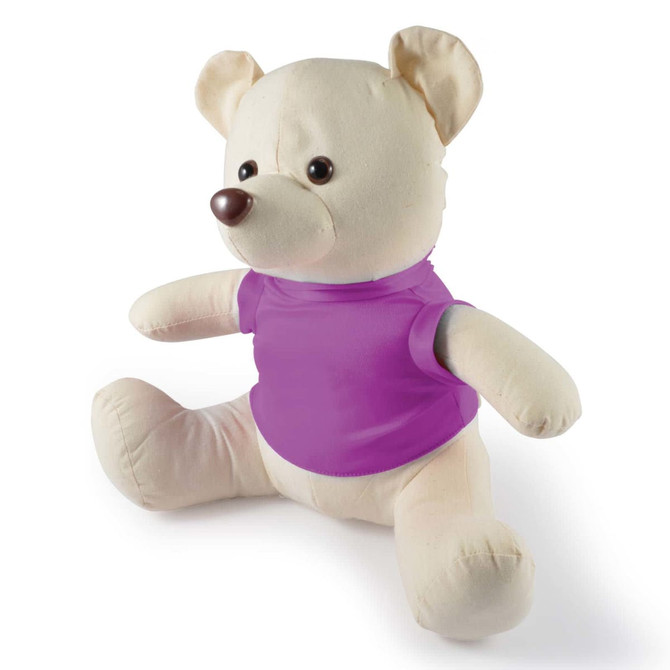 A plush toy bear with a beige body and a purple shirt, featuring friendly facial features and rounded ears.