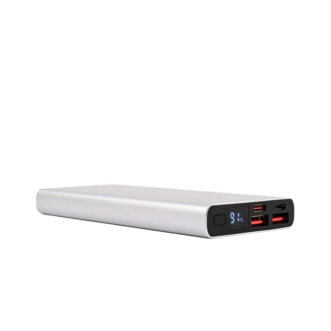 A silver power bank featuring multiple USB ports and a digital display. It has a sleek, modern design.