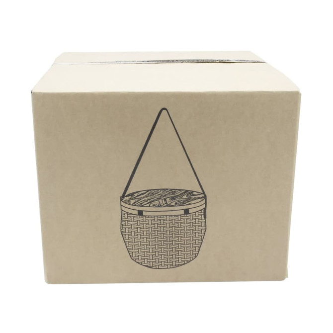 A brown cardboard box featuring a woven basket illustration with a hanging handle. The box has a minimalistic design.