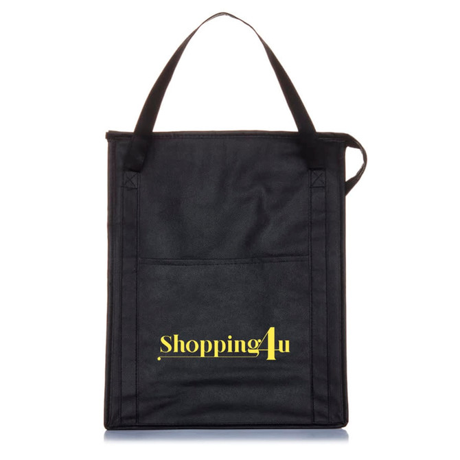 A black insulated grocery tote with a logo and two sturdy handles for easy carrying.