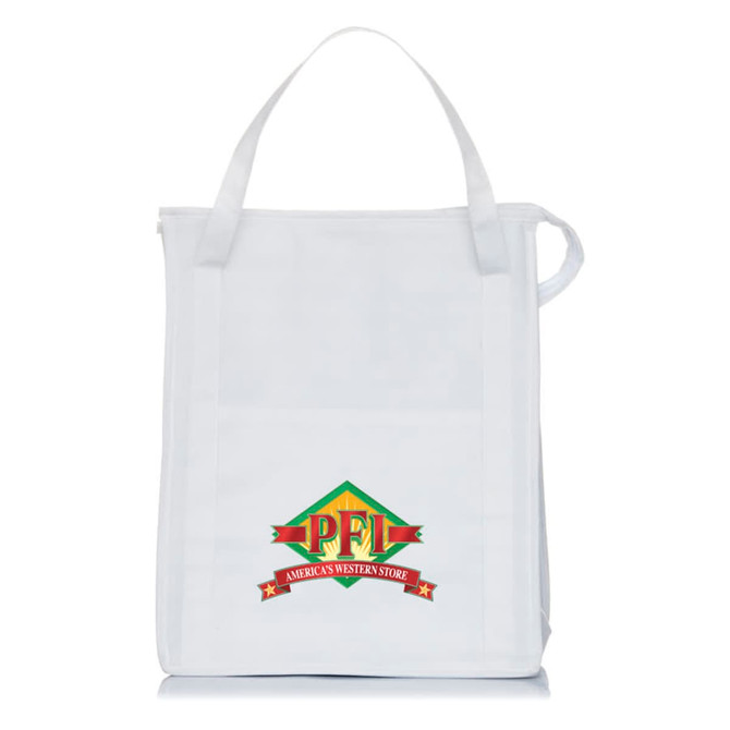 A white insulated grocery tote featuring a logo on the front and sturdy handles for easy carrying.