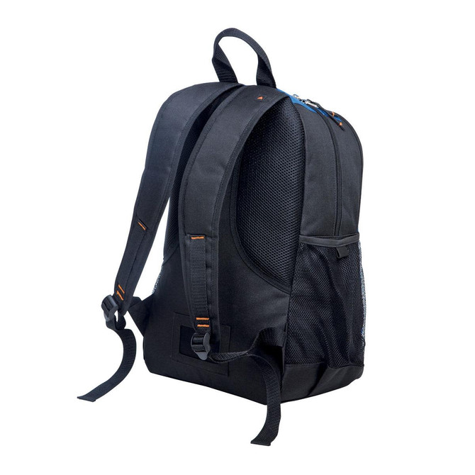 A black backpack with mesh accents and adjustable straps, featuring a logo on the side.