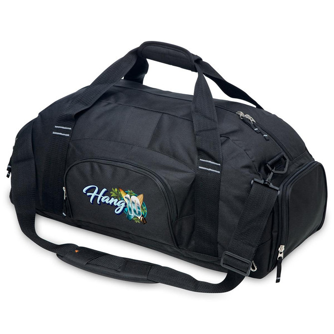 A black duffle bag with a shoulder strap and a front pocket, featuring a logo.