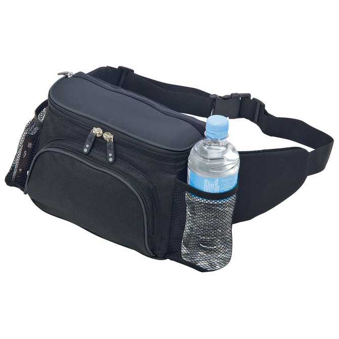 A black hiking waist bag features a zippered main compartment and a side pocket with a drink bottle. It has a logo.